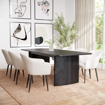 Dining Table Set with 6 Cream Boucle Chairs  - MZDRS011