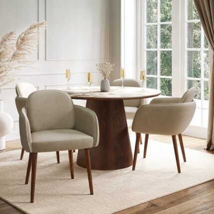 Neutral Ceramic Round Dining Table 4 Dining Chairs - MZDRS013