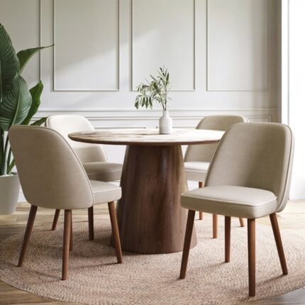Round Ceramic Dining Table Set with 4 Piped Chairs - MZDRS014