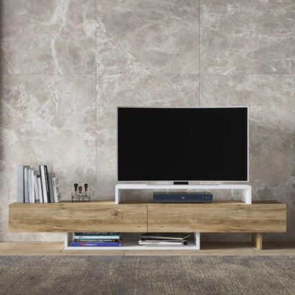 Modern TV Unit, 120cm White & Beige - MZTV89